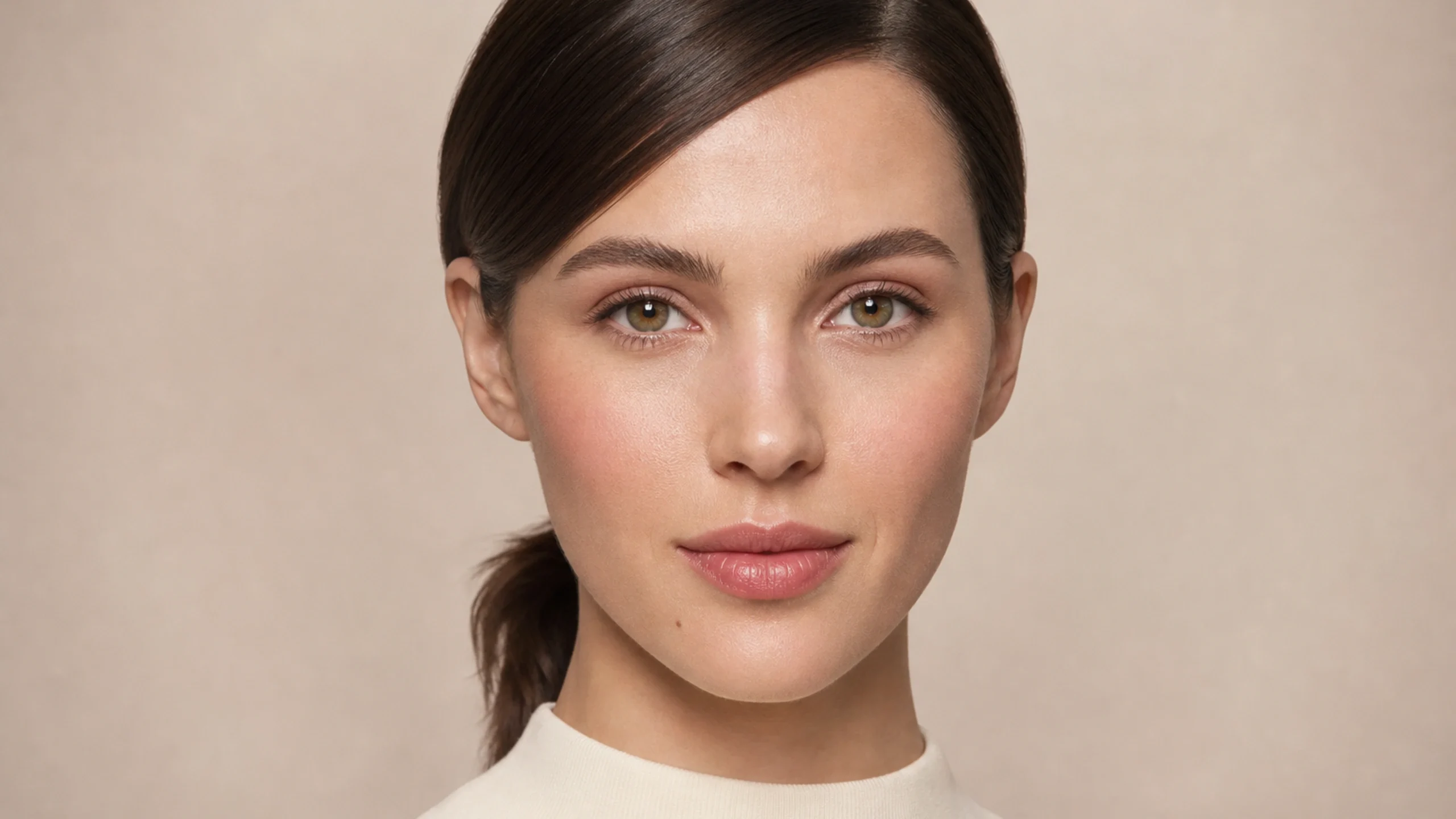 AI visualization of wearable clean makeup look showing neutral tan, clear rose, and a clean satin finish.